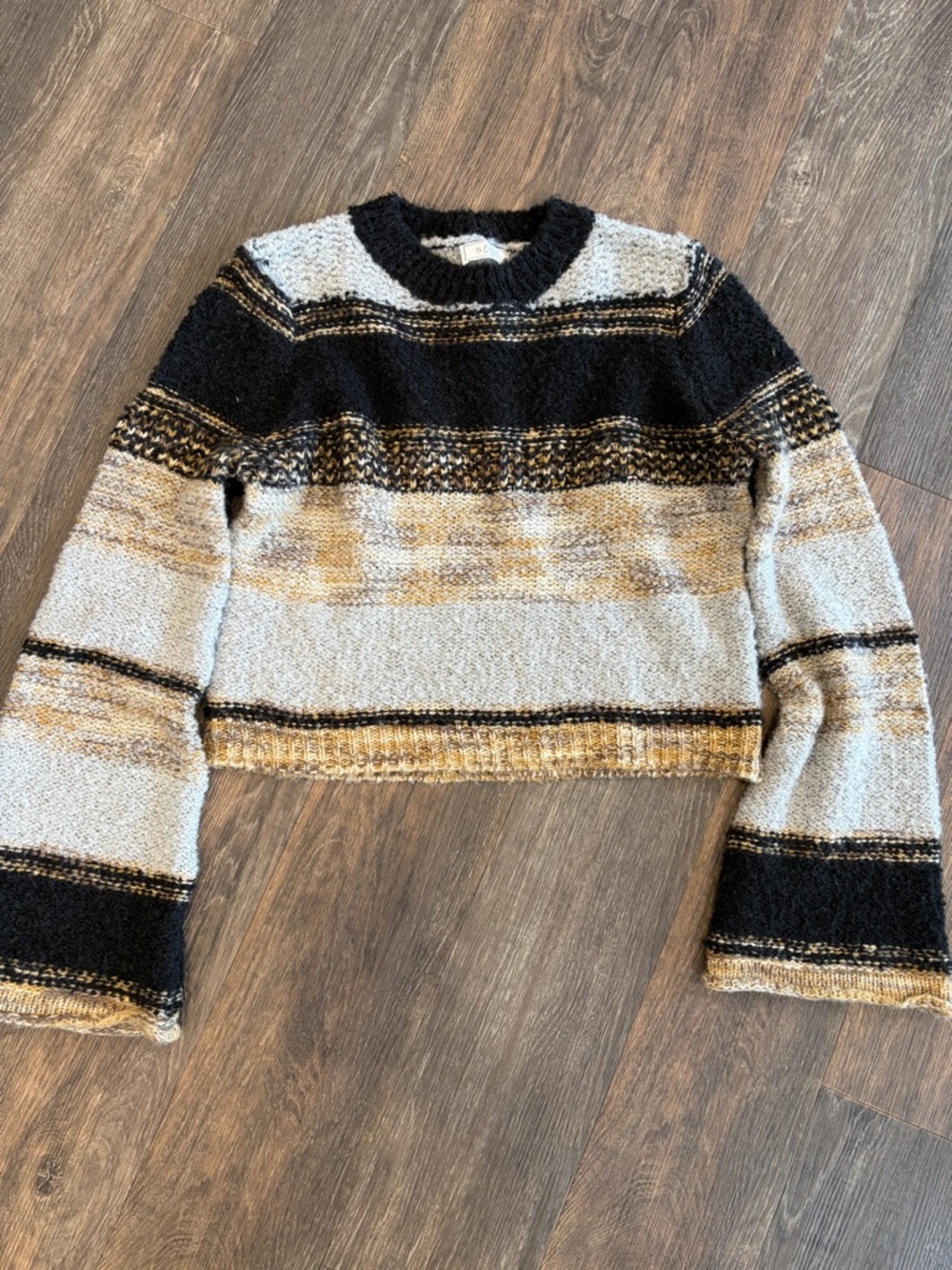 Sage Striped Cropped Crewneck Sweater in Black, Cream & Gold